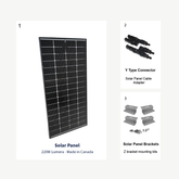 Lumera 220W solar panel expansion kit with bifacial panel, Y-type MC4 connectors, and Z bracket mounting hardware for RV or off-grid solar systems